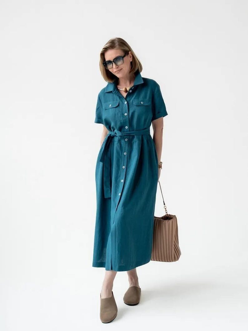 Linen Shirt Dress with Pockets, Casual Short Sleeve Dress, Summer Linen Dress for Women, Lightweight Breathable Linen Dress