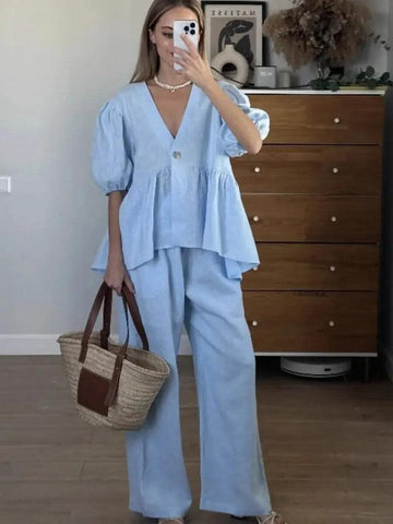 Linen Set with Puff Sleeve Peplum Top and Wide Leg Pants, Elegant Resort Wear, Linen Housewear Outfit