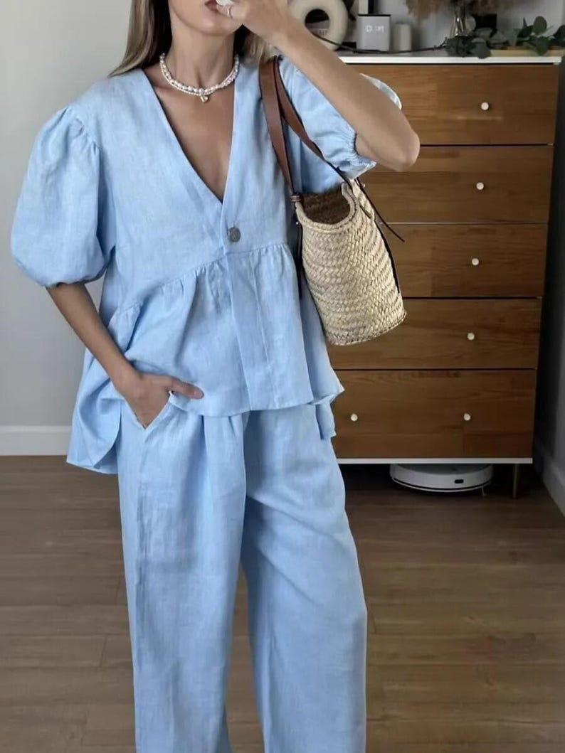 Linen Set with Puff Sleeve Peplum Top and Wide Leg Pants, Elegant Resort Wear, Linen Housewear Outfit