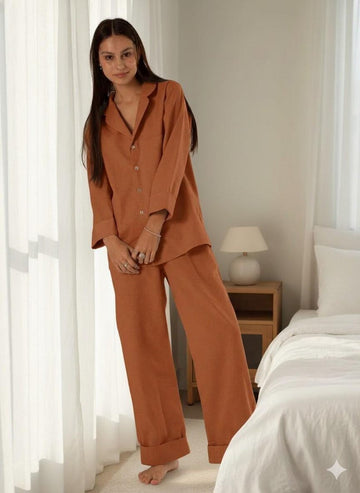 Linen Pajama Set with Long Sleeve Button Down Shirt and Wide Leg Pants, Minimalist Sleepwear Loungewear Outfit