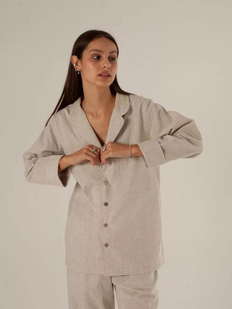 Linen Pajama Set with Long Sleeve Button Down Shirt and Wide Leg Pants, Minimalist Sleepwear Loungewear Outfit