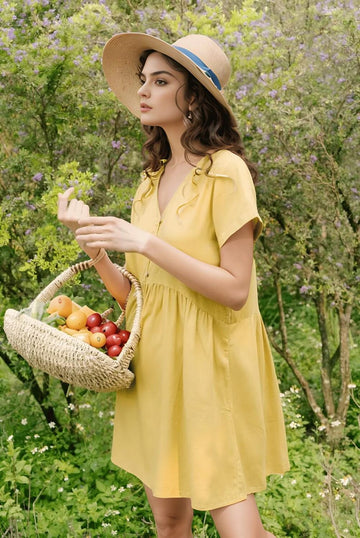 Linen V Neck Mini Dress, Short Sleeve Summer Sundress, Lightweight Casual Linen Clothing for Women