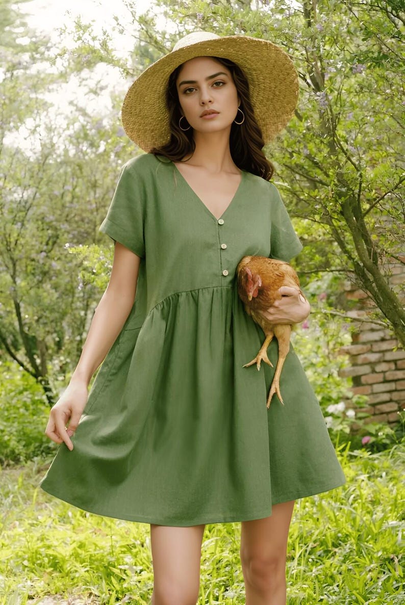 Linen V Neck Mini Dress, Short Sleeve Summer Sundress, Lightweight Casual Linen Clothing for Women