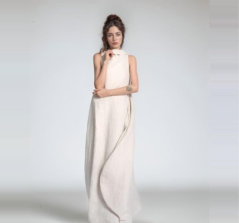 High Neck Linen Maxi Dress, Elegant Linen Dress, Loose Fit Summer Outfit, Minimalist Linen Outfit, Linen Fashion