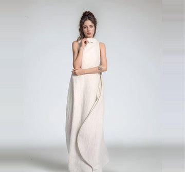 High Neck Linen Maxi Dress, Elegant Linen Dress, Loose Fit Summer Outfit, Minimalist Linen Outfit, Linen Fashion