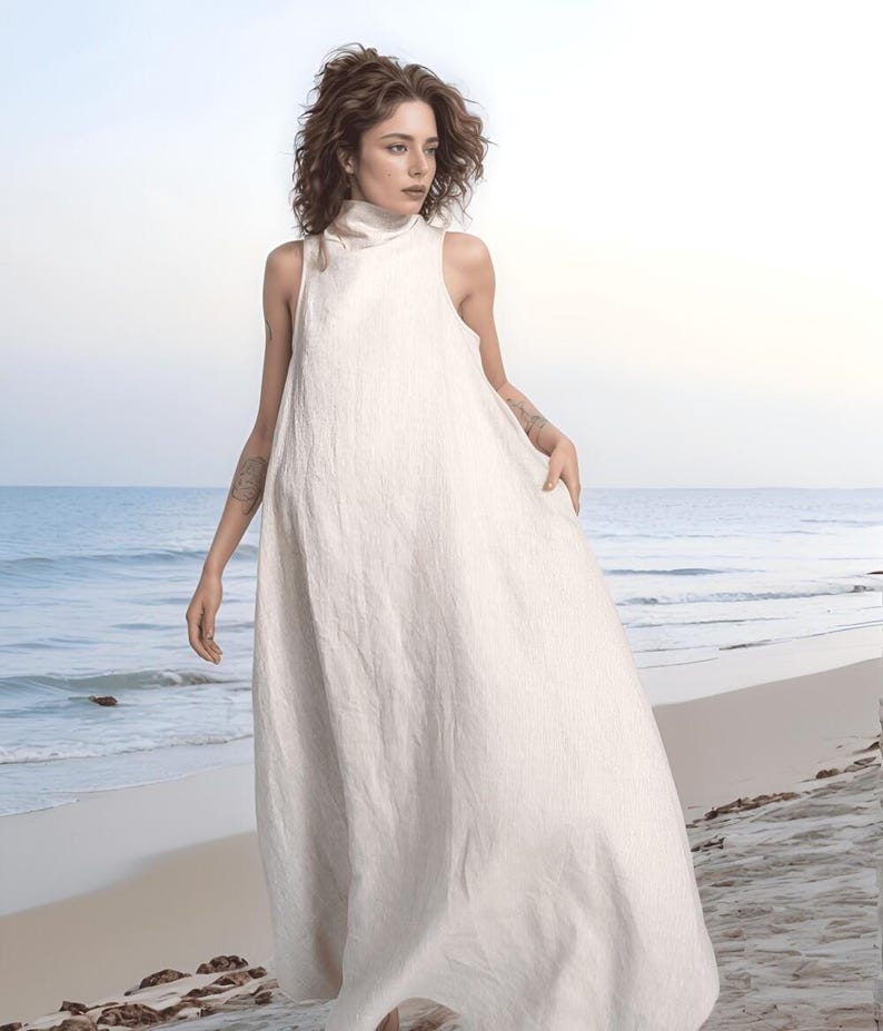 High Neck Linen Maxi Dress, Elegant Linen Dress, Loose Fit Summer Outfit, Minimalist Linen Outfit, Linen Fashion