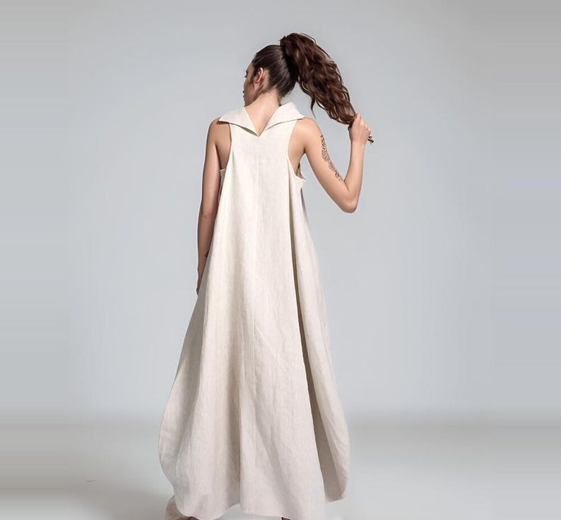 High Neck Linen Maxi Dress, Elegant Linen Dress, Loose Fit Summer Outfit, Minimalist Linen Outfit, Linen Fashion