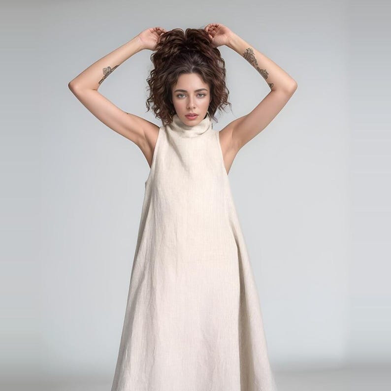 High Neck Linen Maxi Dress, Elegant Linen Dress, Loose Fit Summer Outfit, Minimalist Linen Outfit, Linen Fashion