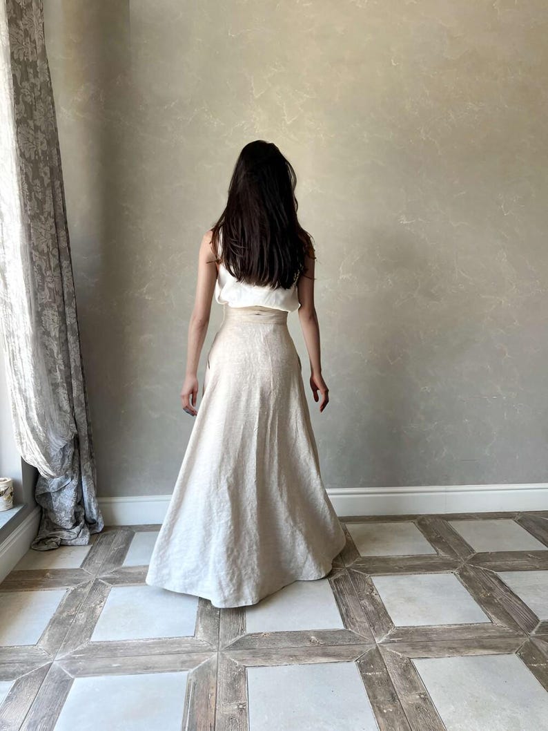 High Waist Linen Maxi Skirt with Pockets, Summer Wrap Around Style, Long Flowy Flax Skirt for Women