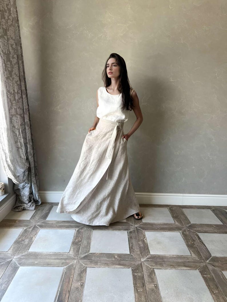 High Waist Linen Maxi Skirt with Pockets, Summer Wrap Around Style, Long Flowy Flax Skirt for Women