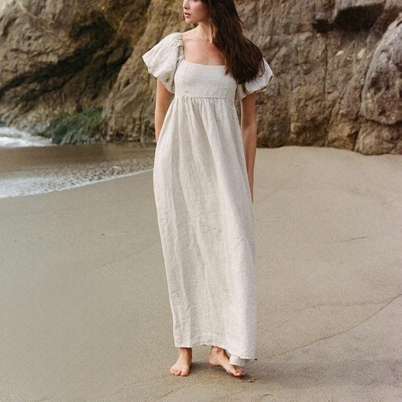 Puffy Linen Dress, Romantic Linen Dress, Women Maxi Dress, Long Linen Dress, Elegant Dress, Summer Beach Dress, Bridesmaid Dress,Loose Dress