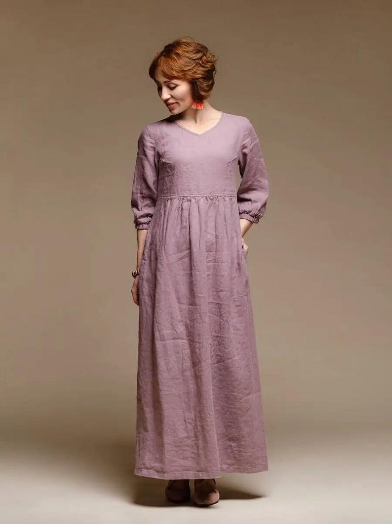 Classic Linen Dress with Long Sleeves, V neck and Pockets Dress, Perfect Maxi Dress for Everyday Wear