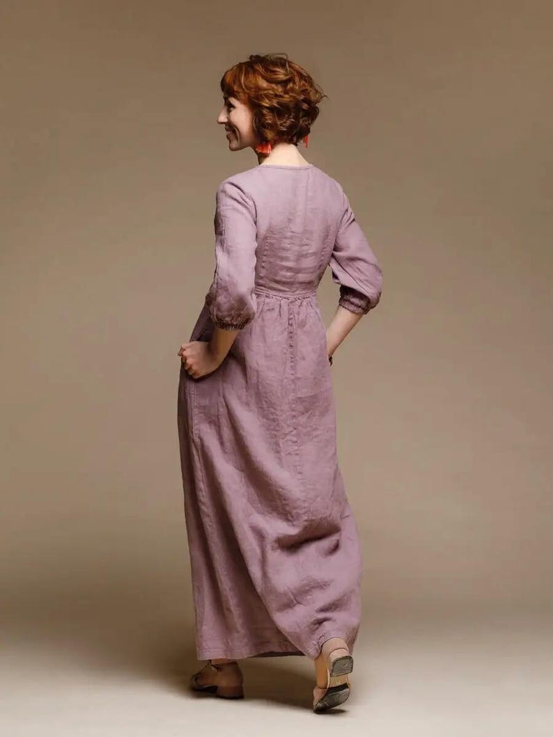 Classic Linen Dress with Long Sleeves, V neck and Pockets Dress, Perfect Maxi Dress for Everyday Wear