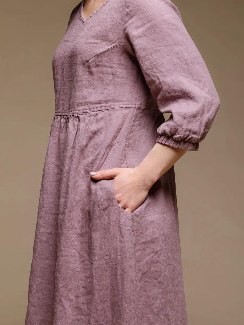 Classic Linen Dress with Long Sleeves, V neck and Pockets Dress, Perfect Maxi Dress for Everyday Wear
