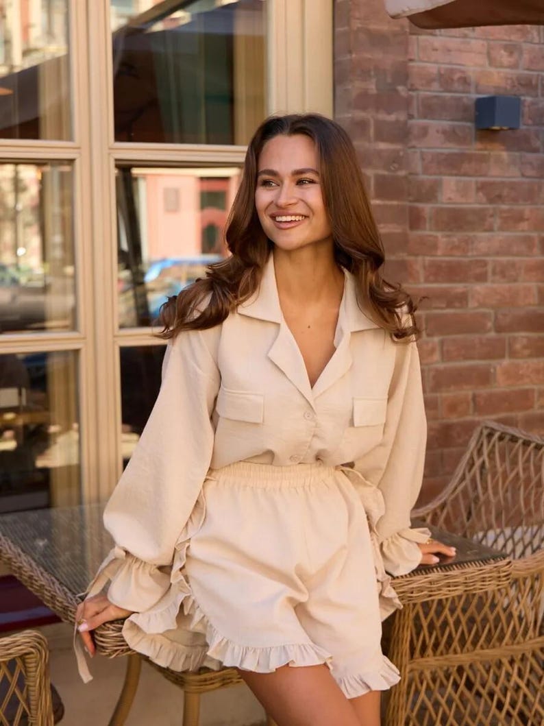 Linen Loungewear Set Women, Oversized Shirt and Ruffle Shorts, Honeymoon Sleepwear Outfit, Romantic Cottagecore Housewear, Bridesmaid Gift