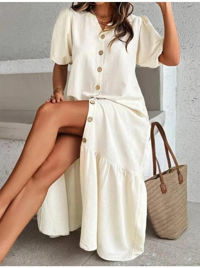 Linen Button Front Midi Dress, Puff Sleeve Summer Dress, Casual Linen Midi Dress, Tiered Hem Button Down Dress, Boho Linen Vacation Outfit