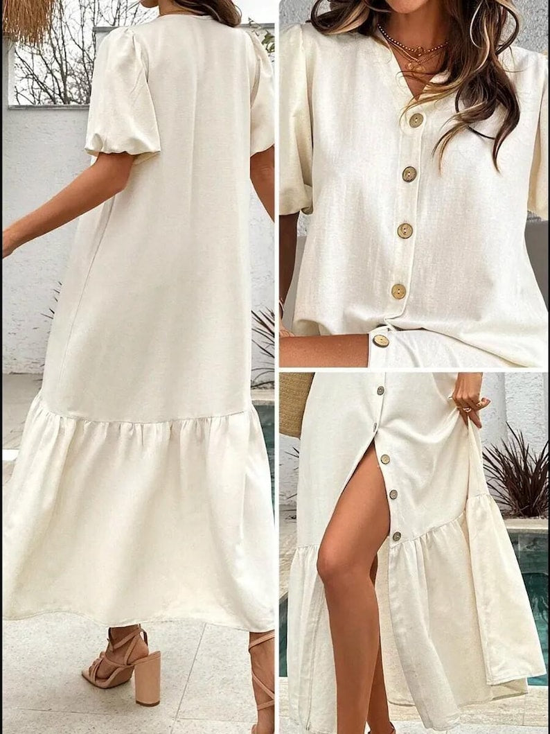 Linen Button Front Midi Dress, Puff Sleeve Summer Dress, Casual Linen Midi Dress, Tiered Hem Button Down Dress, Boho Linen Vacation Outfit