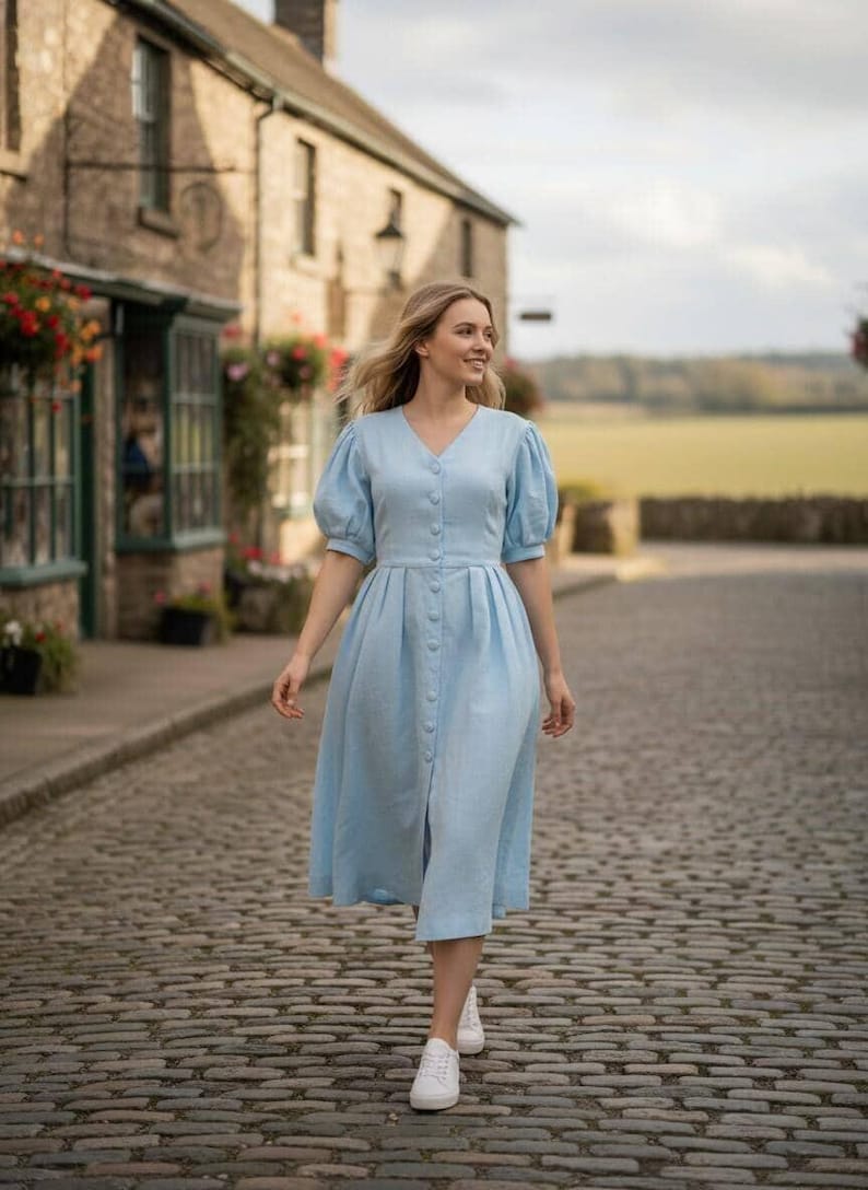 Linen Puff Sleeve Dress Cottagecore Vintage Midi Dress, Rustic Brown Prairie Dress, Romantic Handmade Wedding Guest Outfit