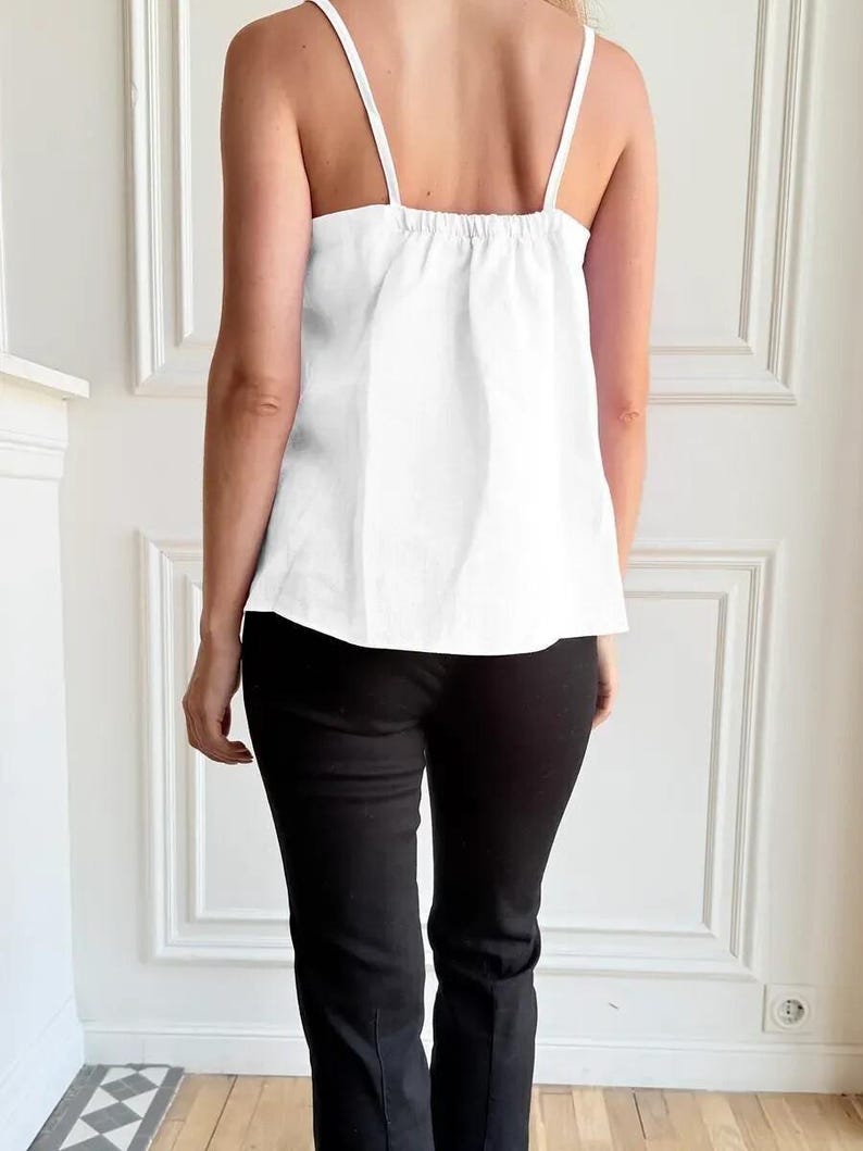 White Linen Cami Top, Adjustable Strap Tank Blouse, Minimalist Linen Loungewear, Casual Housewear Outfit