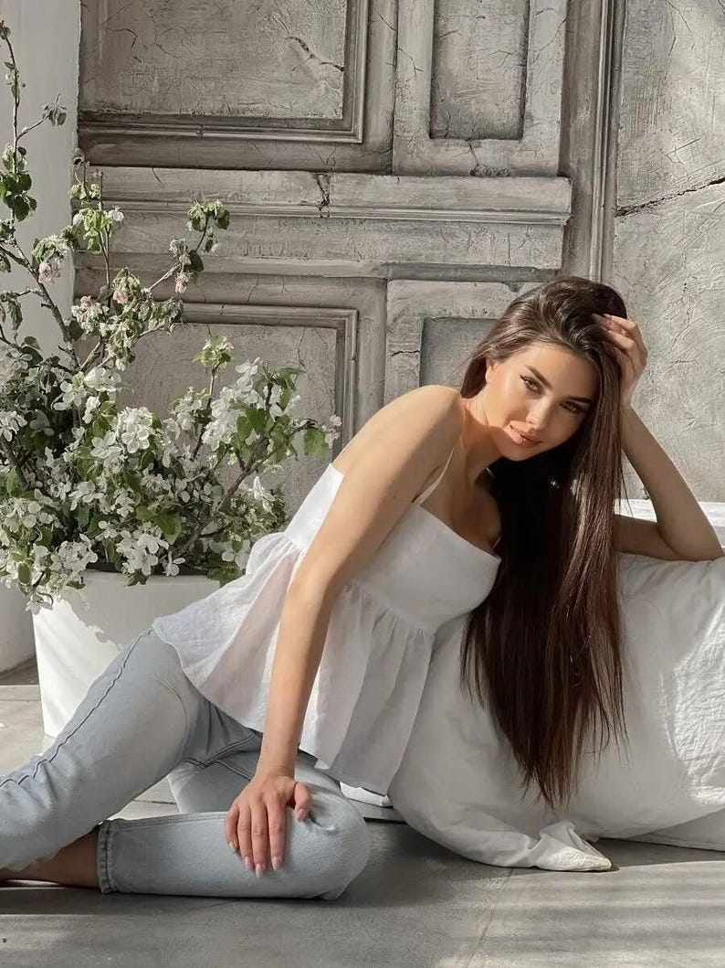 Linen Peplum Cami Top Women, Spaghetti Strap Square Neck Tank, Linen Loungewear, Comfortable Housewear Clothing