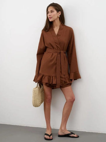 Linen Wrap Set, Ruffle Sleeve Linen Top and Shorts, Bridal Getting Ready Outfit, Loungewear Set