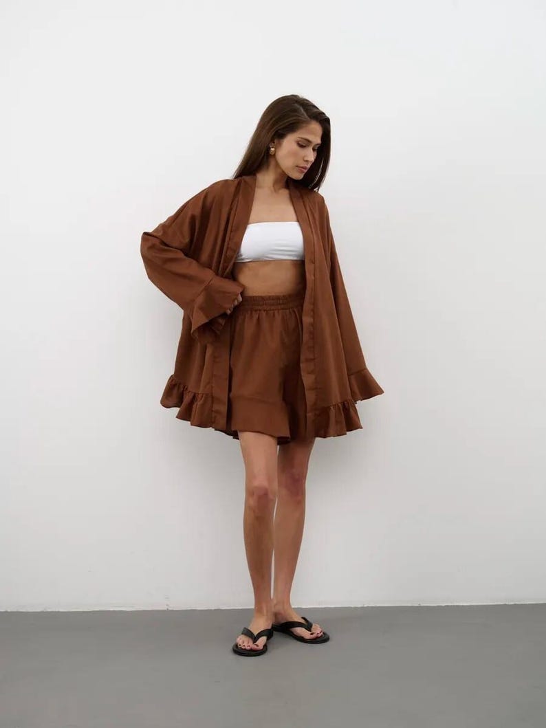 Linen Wrap Set, Ruffle Sleeve Linen Top and Shorts, Bridal Getting Ready Outfit, Loungewear Set