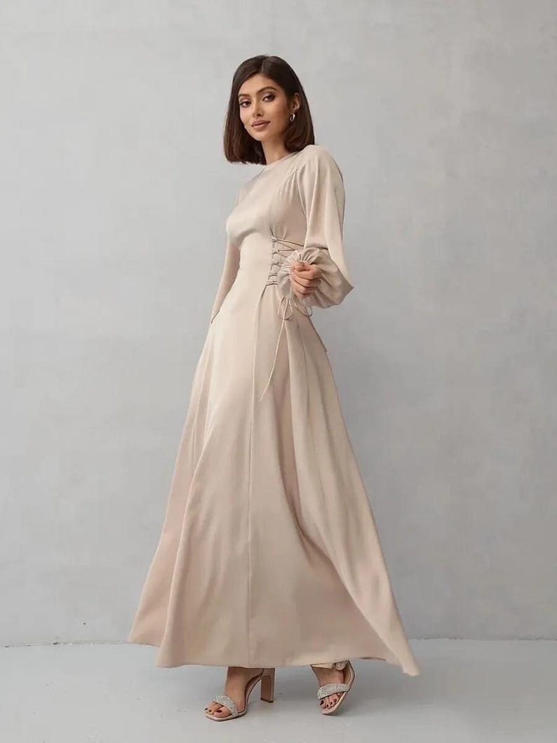 Elegant Long Sleeve Satin Gown, Modest A Line Formal Dress, Bridesmaid Dress, Wedding Guest Maxi Dress