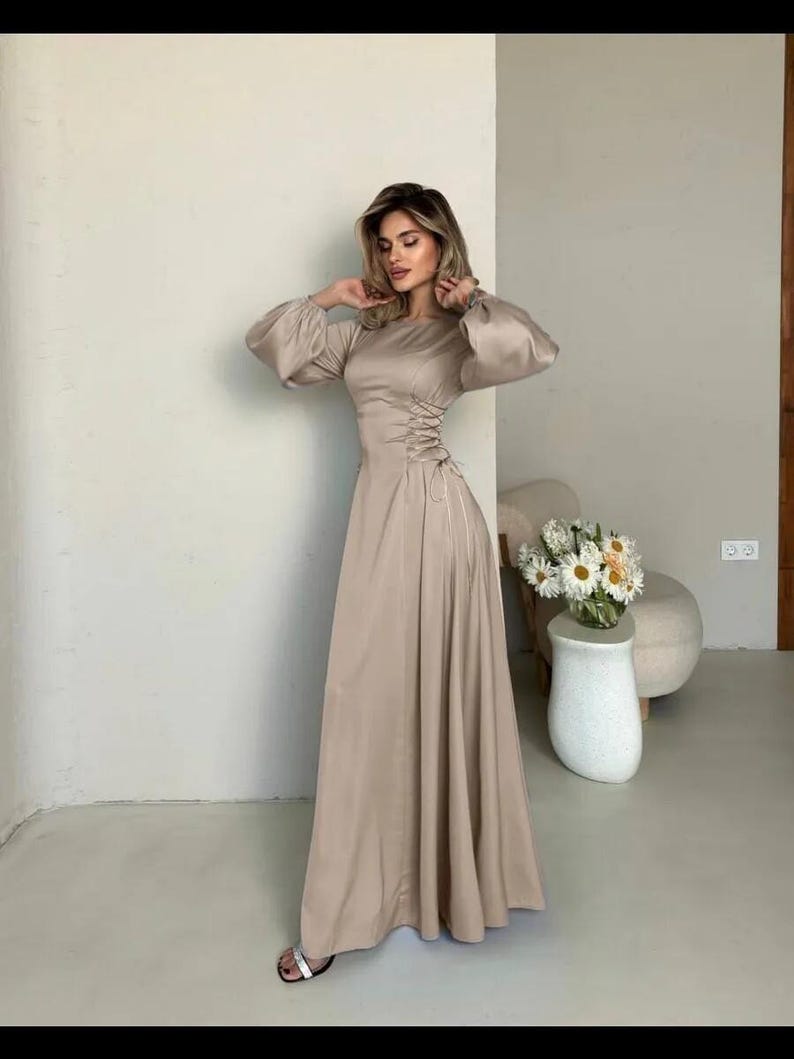 Elegant Long Sleeve Satin Gown, Modest A Line Formal Dress, Bridesmaid Dress, Wedding Guest Maxi Dress