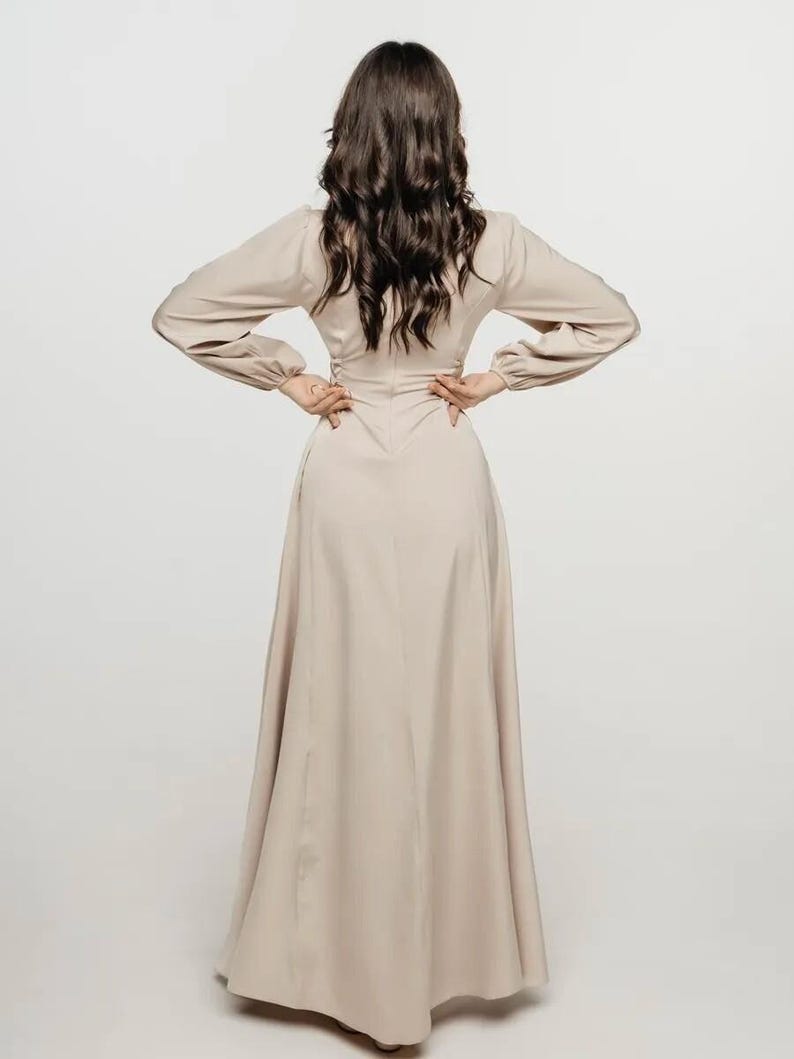 Elegant Long Sleeve Satin Gown, Modest A Line Formal Dress, Bridesmaid Dress, Wedding Guest Maxi Dress