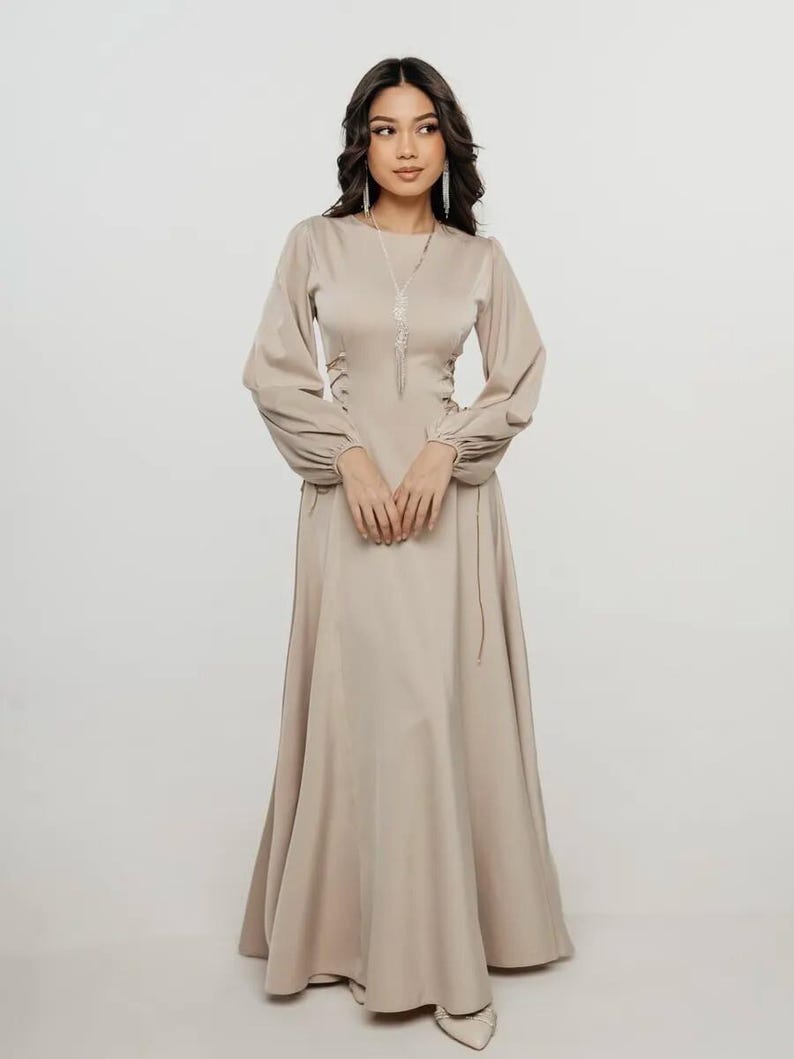 Elegant Long Sleeve Satin Gown, Modest A Line Formal Dress, Bridesmaid Dress, Wedding Guest Maxi Dress