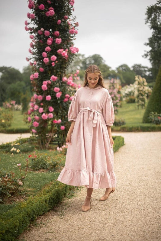 Cottagecore Midi Linen Dress, Puff Sleeve Prairie Dress, Vintage Inspired Ruffle Hem Dress, Farmhouse Country Outfit