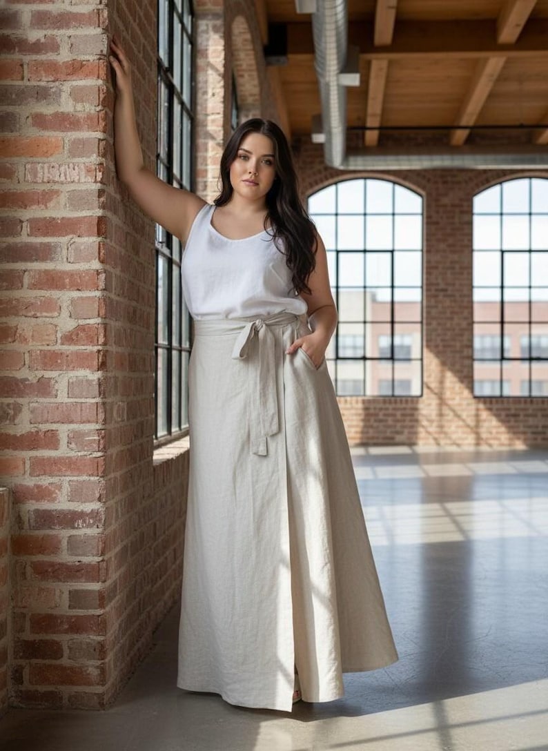 High Waist Linen Maxi Skirt with Pockets, Plus Size Summer Wrap Around Style, Long Flowy Flax Skirt, Cottagecore Dress