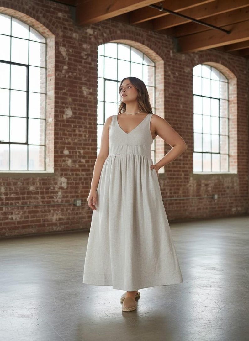 Romantic Linen Maxi Dress, Flowing Plus Size Summer Dress with Pockets, Cottagecore Rustic Wedding Guest Outfit