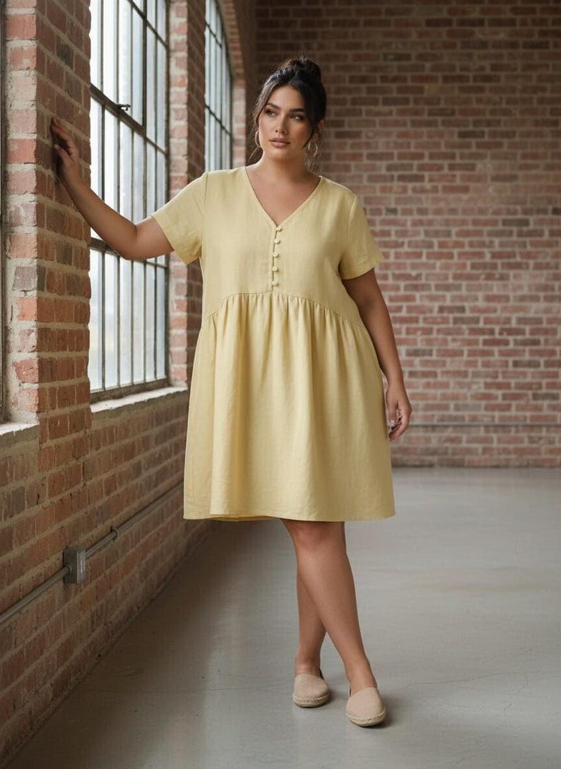 Linen Plus Size Dress, Babydoll Dress with Button Front, Everyday Summer Dress, Comfortable Fit