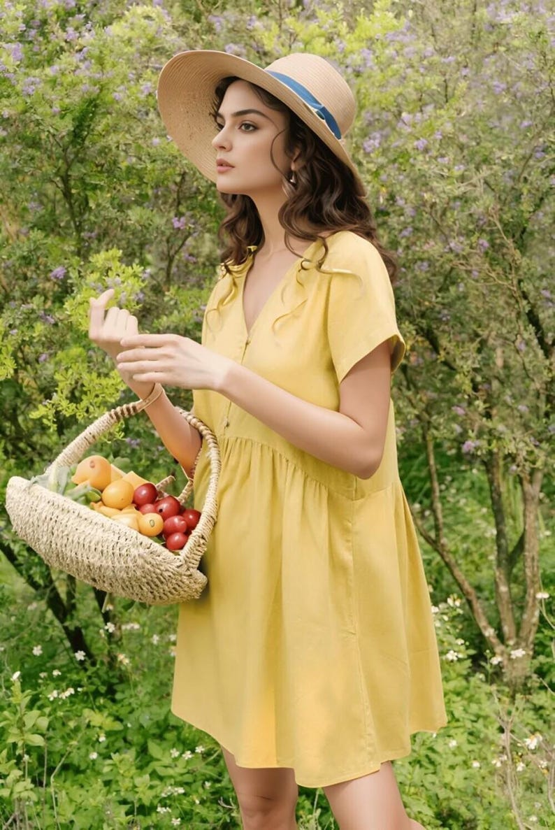Linen Plus Size Dress, Babydoll Dress with Button Front, Everyday Summer Dress, Comfortable Fit