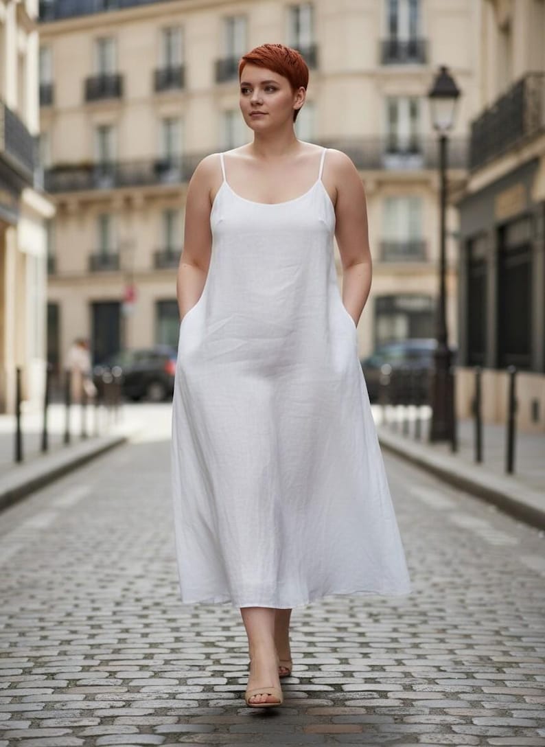Plus Size Linen Slip Dress, Minimalist Linen Maxi Dress with Pockets, Linen Sleeveless Dress, Casual Resort Outfit