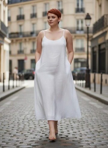 Plus Size Linen Slip Dress, Minimalist Linen Maxi Dress with Pockets, Linen Sleeveless Dress, Casual Resort Outfit