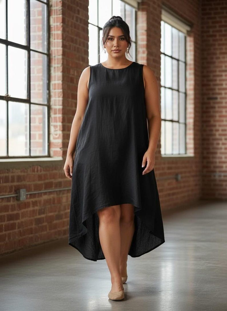 Sleeveless Linen Midi Dress, Plus Size Outfit With High Low Hem, Relaxed Ethical Minimalist Clothing For Everyday Or Events