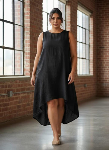 Sleeveless Linen Midi Dress, Plus Size Outfit With High Low Hem, Relaxed Ethical Minimalist Clothing For Everyday Or Events