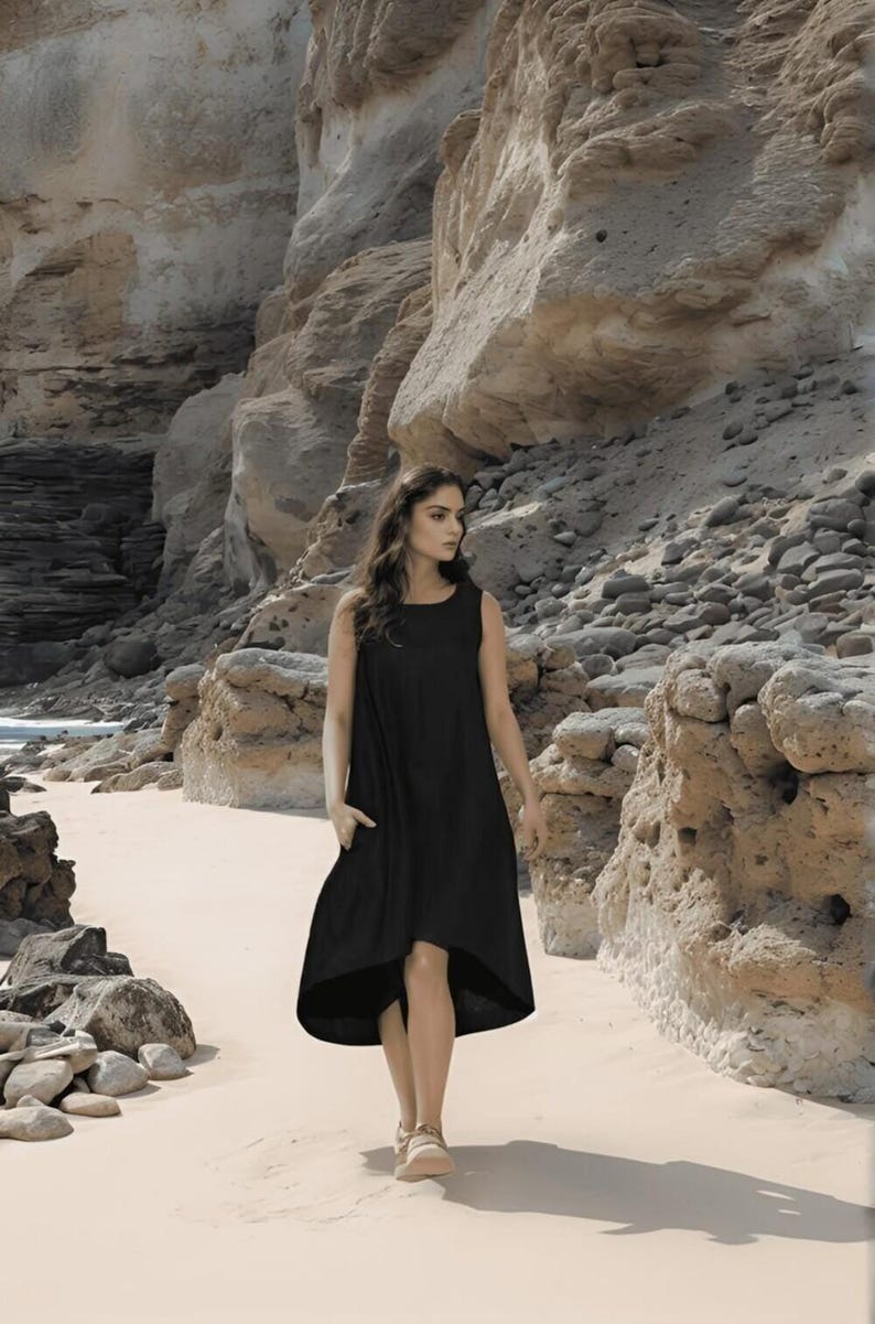 Sleeveless Linen Midi Dress, Plus Size Outfit With High Low Hem, Relaxed Ethical Minimalist Clothing For Everyday Or Events