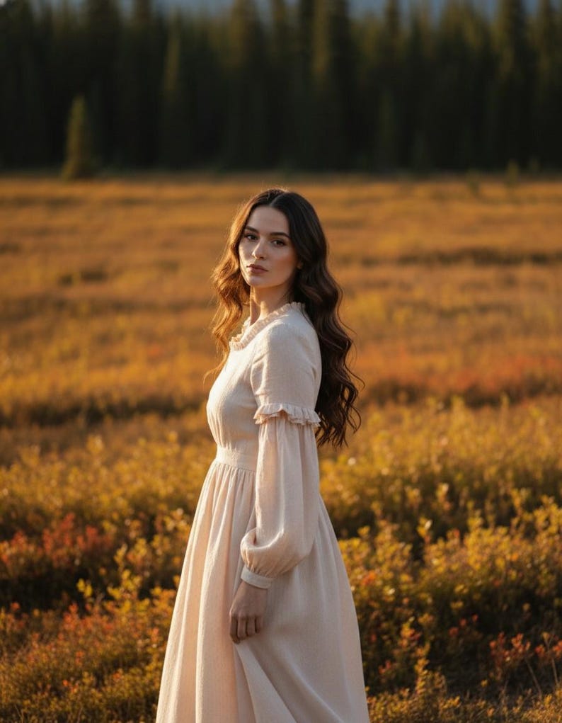 Romantic Linen Maxi Dress with Puff Sleeves, Cottagecore Vintage Dress, Rustic Wedding Guest Outfit, Fairy Prairie Dress
