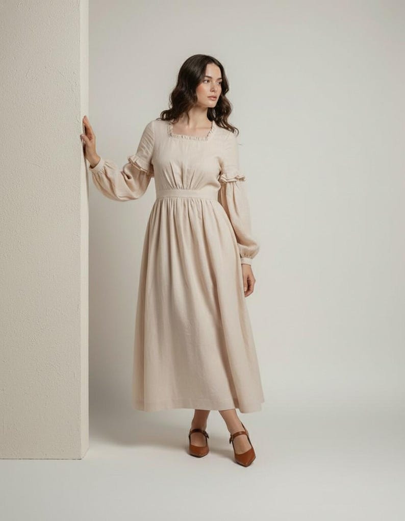 Romantic Linen Maxi Dress with Puff Sleeves, Cottagecore Vintage Dress, Rustic Wedding Guest Outfit, Fairy Prairie Dress