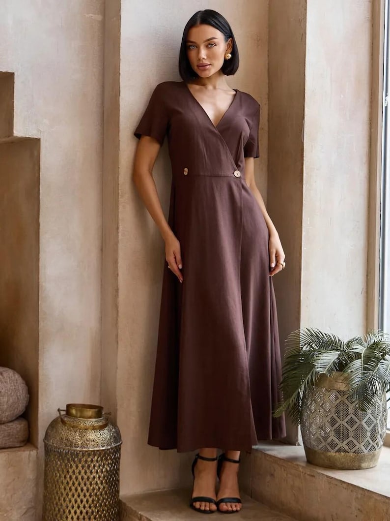 Linen Wrap Midi Dress, Short Sleeve V Neck, Minimalist Style