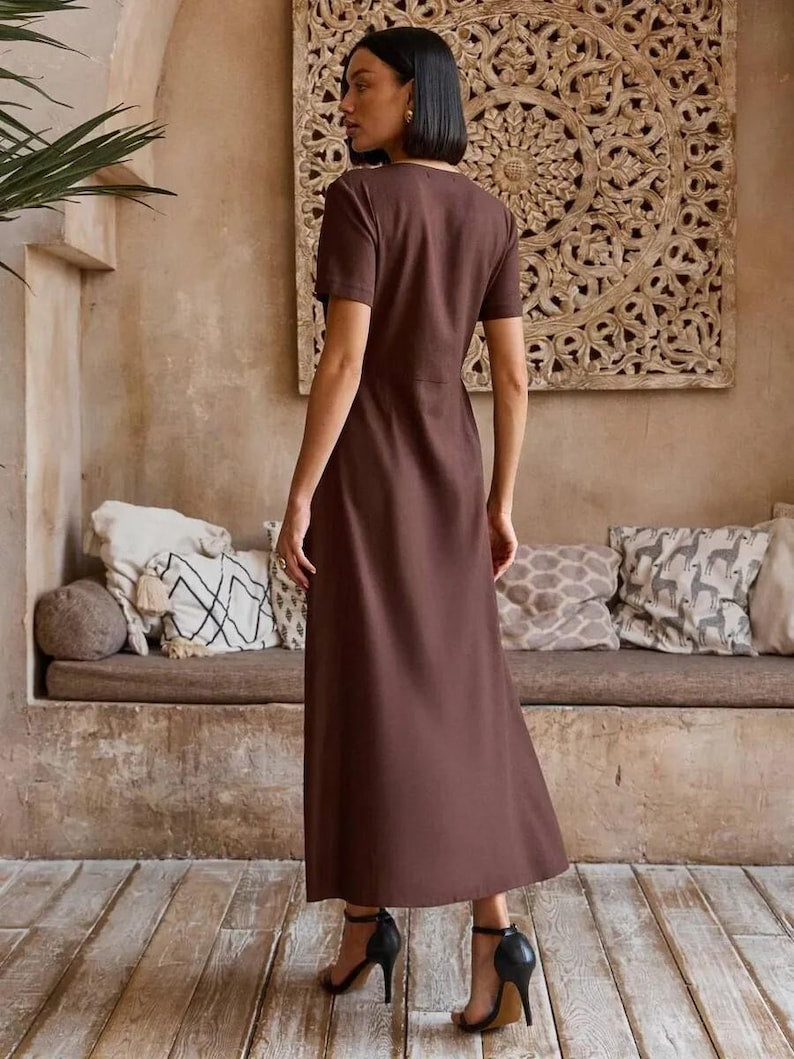 Linen Wrap Midi Dress, Short Sleeve V Neck, Minimalist Style