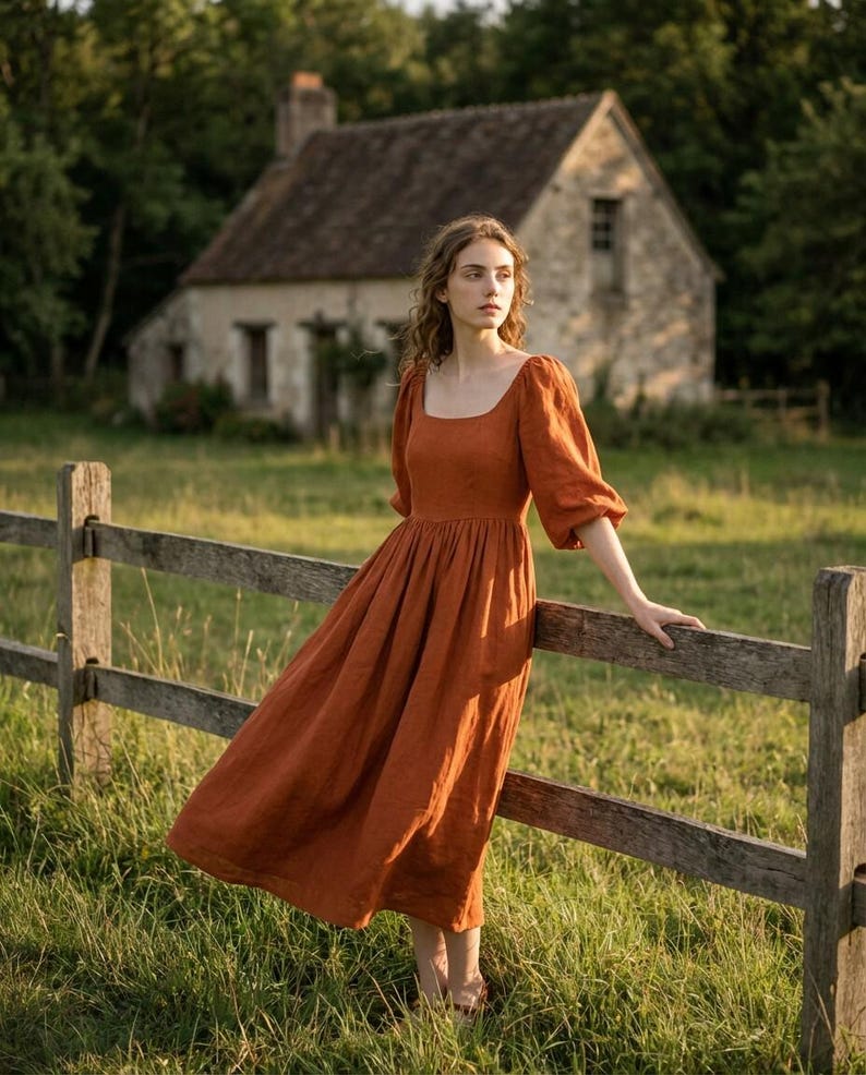 Linen Midi Dress, Square Neck Puff Sleeves, Cottagecore Style