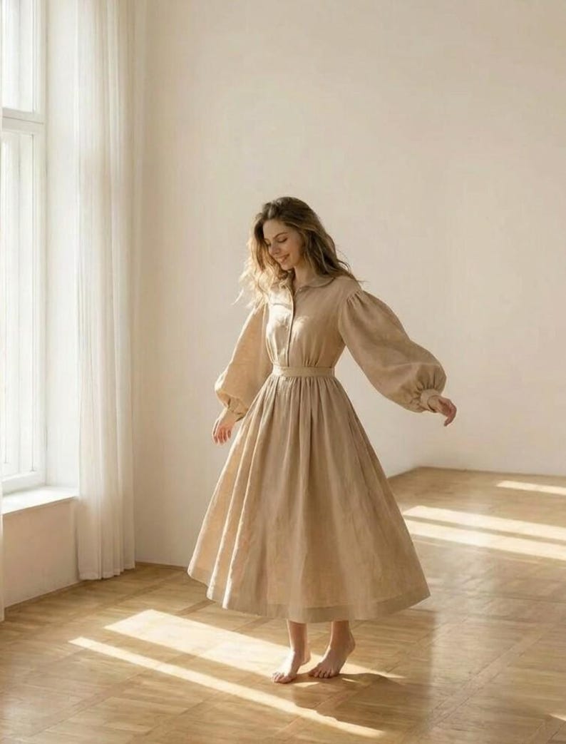 Vintage Linen Midi Dress, Cottagecore Puff Sleeve Prairie Gown