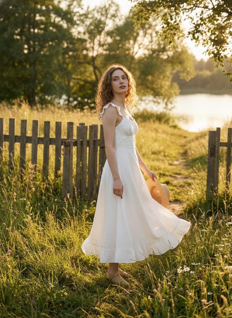 White Linen Midi Dress, Square Neck Tie Strap Summer Dress