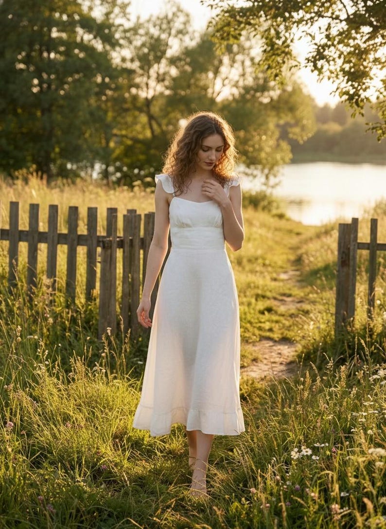 White Linen Midi Dress, Square Neck Tie Strap Summer Dress
