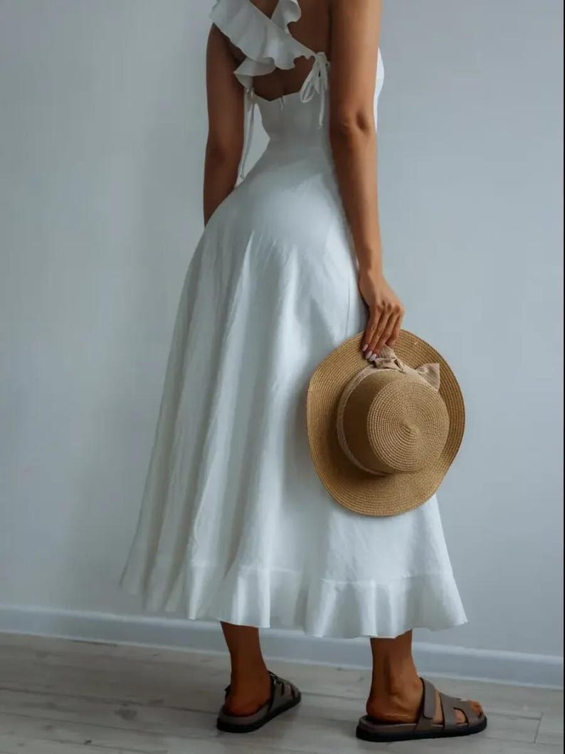 White Linen Midi Dress, Square Neck Tie Strap Summer Dress
