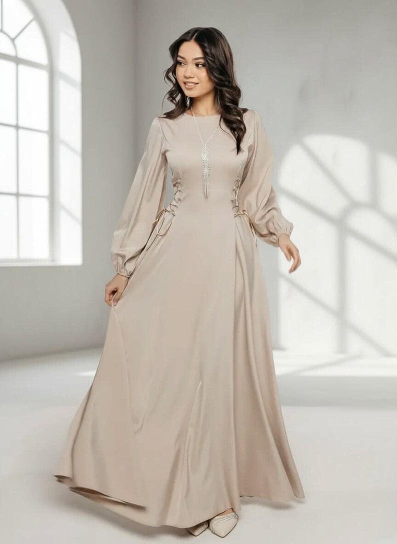 Elegant Long Sleeve Satin Gown, Modest A Line Formal Dress, Bridesmaid Dress, Wedding Guest Maxi Dress